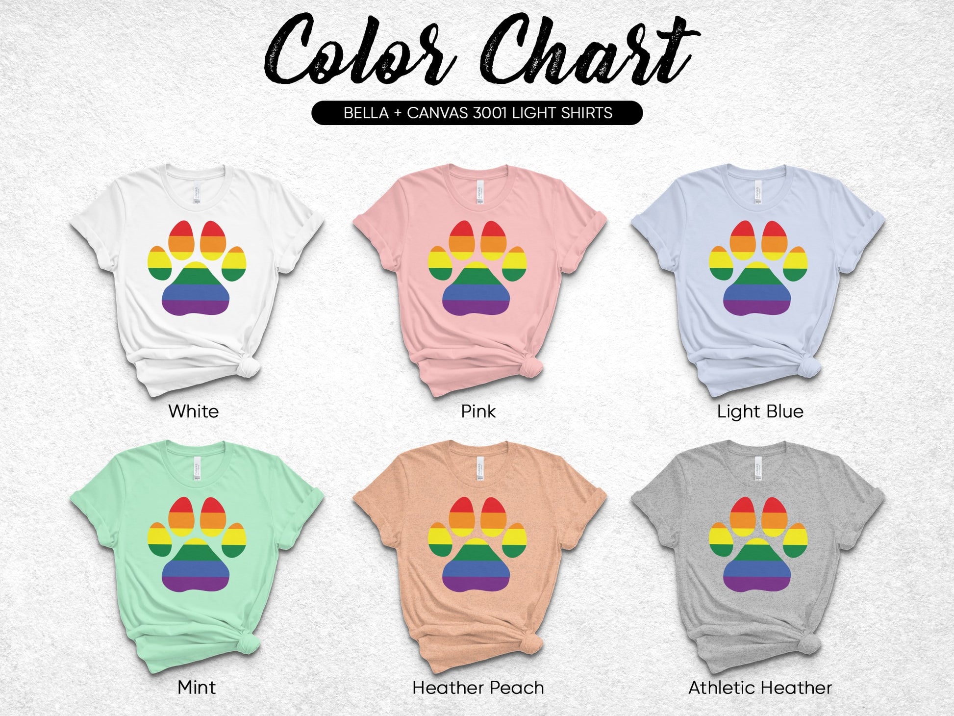 Color chart of Bella+Canvas 3001 shirts in six colors with paw prints.
