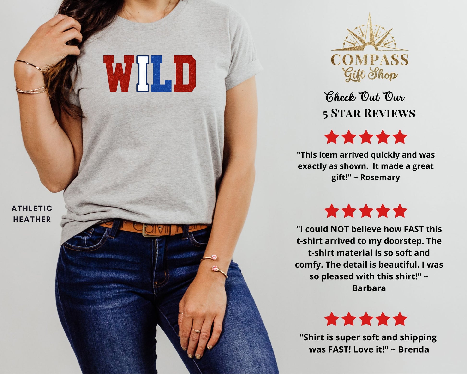 Gray t-shirt with "WILD" in red and blue, Compass Gift Shop logo, and customer reviews.