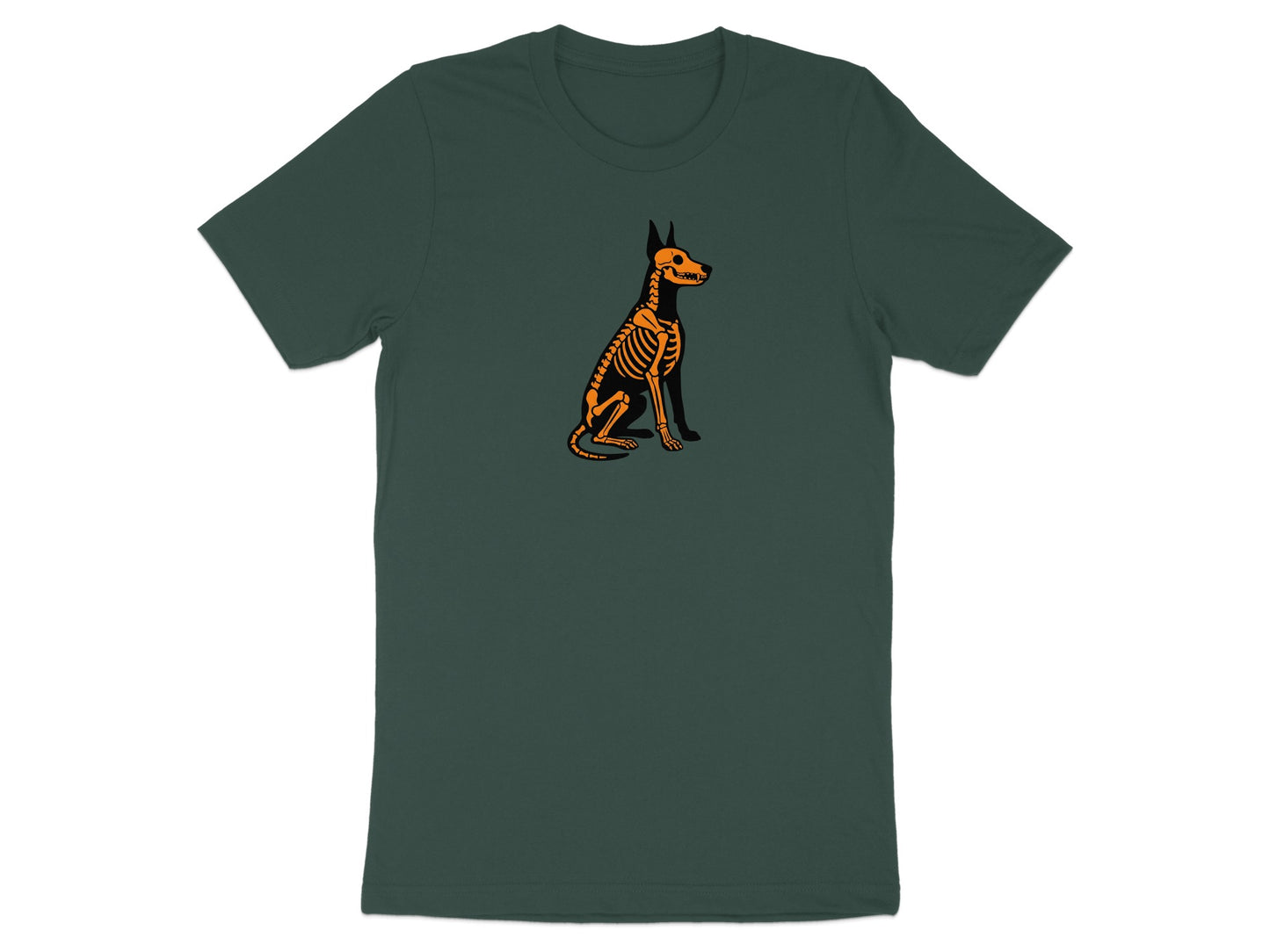 Dark green t-shirt with an orange skeleton dog graphic in the center.