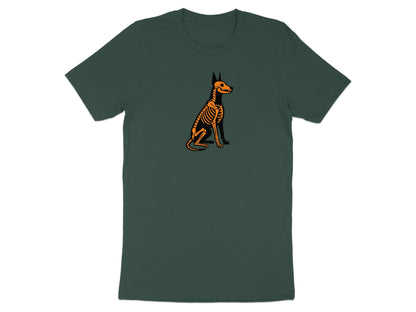 Dark green t-shirt with an orange skeleton dog graphic in the center.