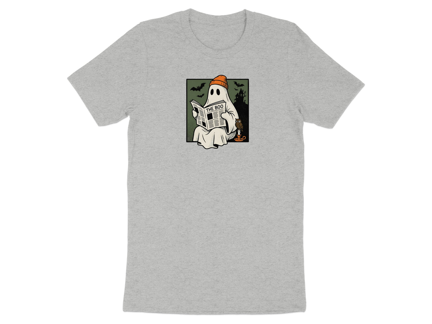 Ghost wearing beanie reading "The Boo" newspaper with owl and candle.