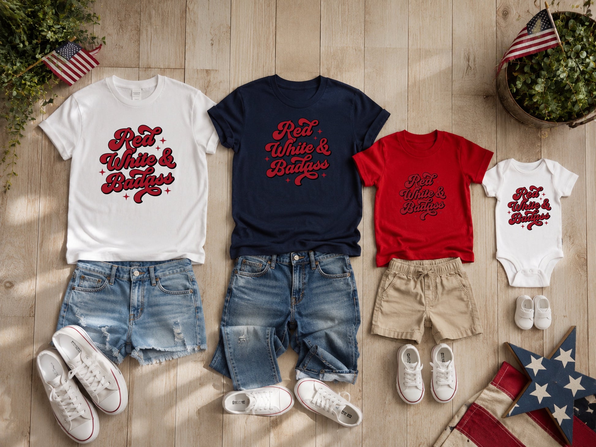 Adult and child t-shirts and onesie with "Red White & Badass" text, denim shorts.