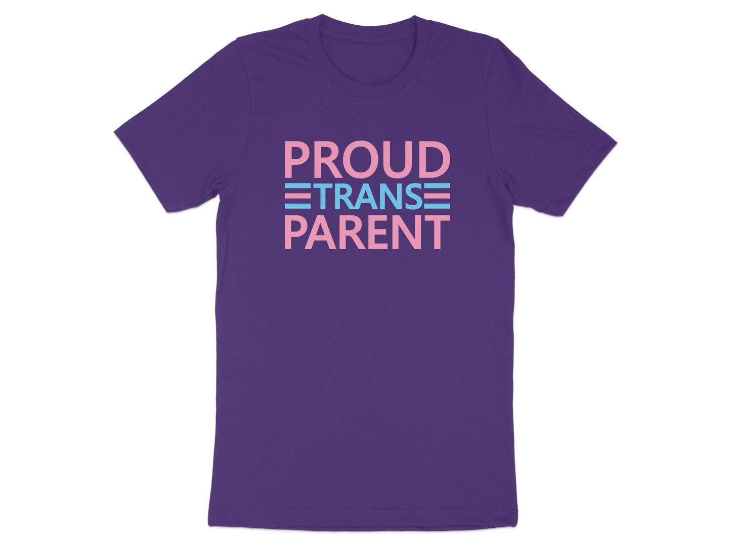 Purple t-shirt with pink and blue stripes and text PROUD TRANS PARENT