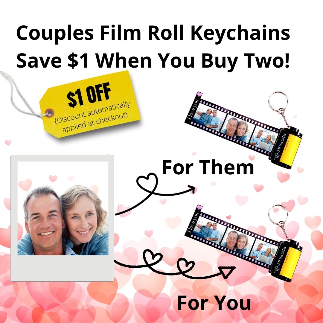 Custom Couples Heart Vintage Film Roll Memory Keychain with Text or Spotify Song Code