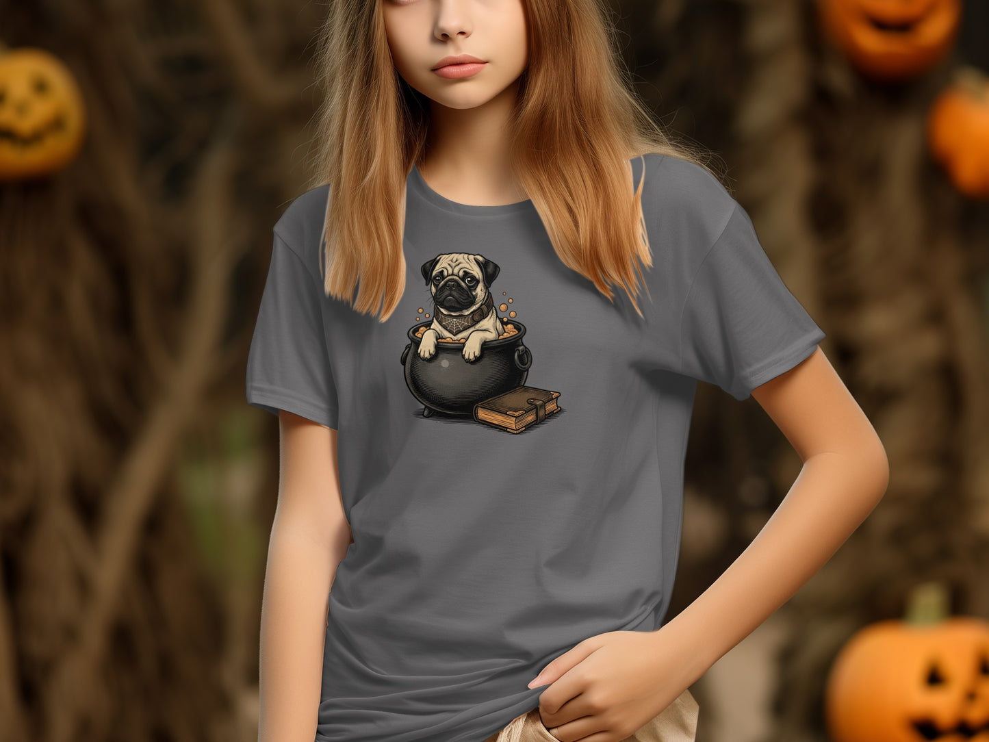 Pug in cauldron with book graphic on grey t-shirt with Halloween background.