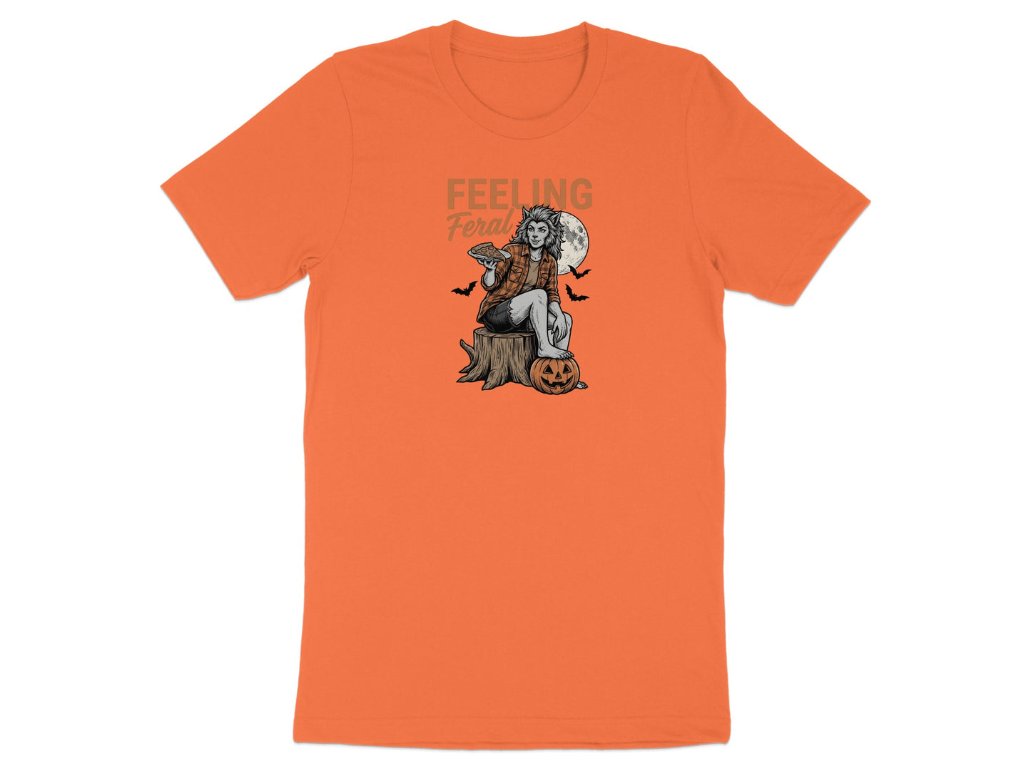 Orange t-shirt with "Feeling Feral" text and werewolf illustration.