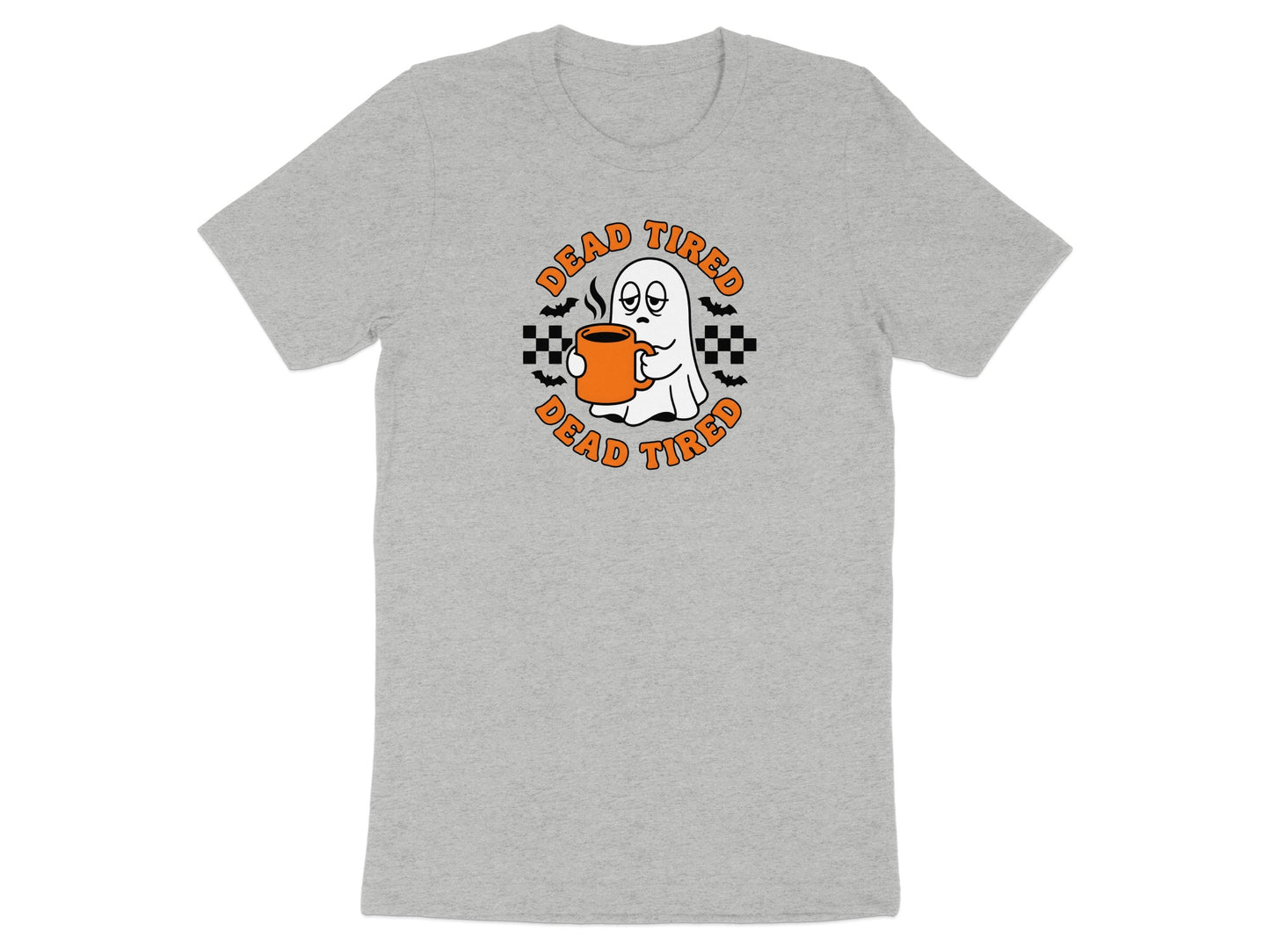 Grey t-shirt with a distressed ghost holding coffee and "Dead Tired" text.
