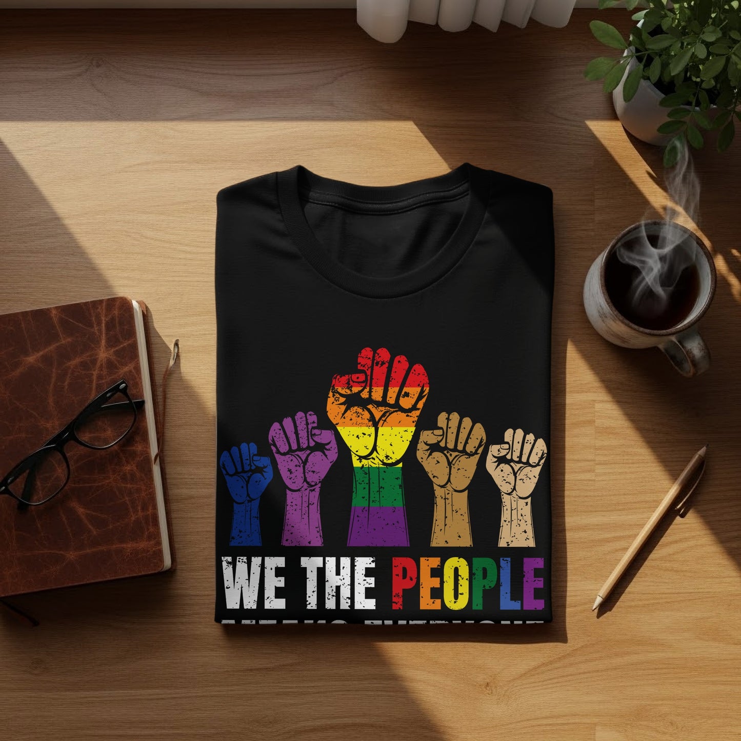 Black t-shirt with rainbow and skin-tone fists above "WE THE PEOPLE" text.
