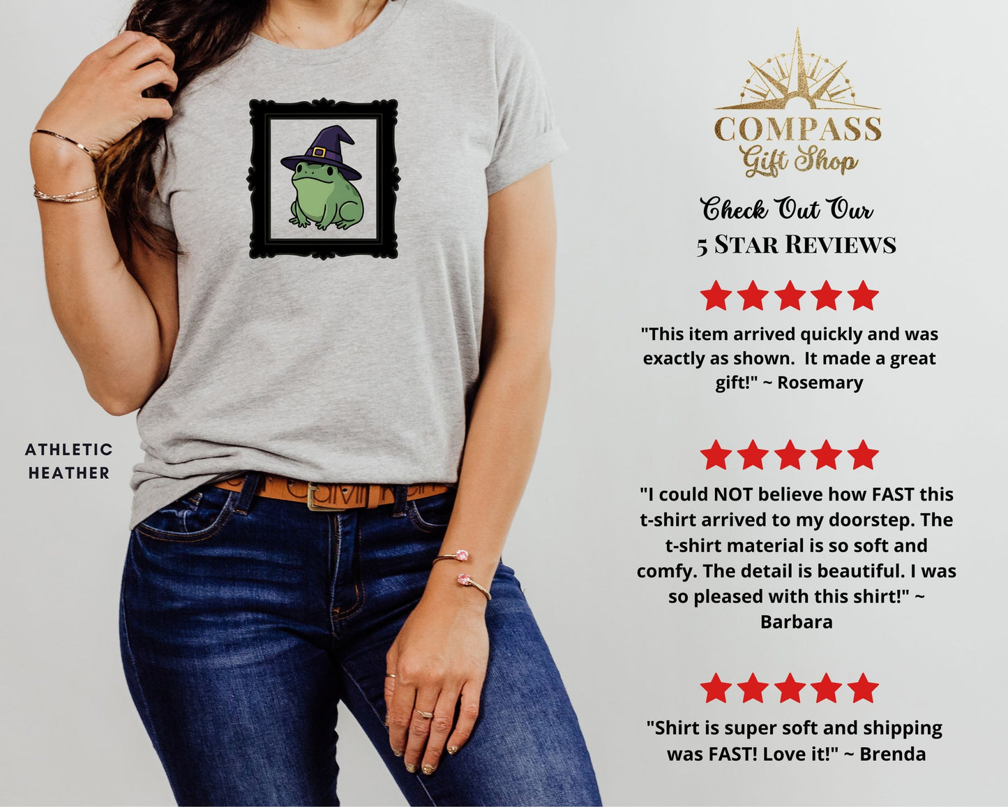 Grey t-shirt with framed frog wearing witch hat graphic. "Athletic Heather" text.