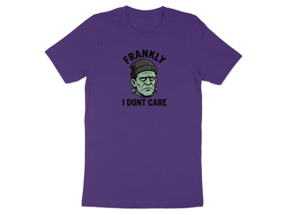 Purple t-shirt featuring Frankenstein's monster with "FRANKLY I DONT CARE" text.