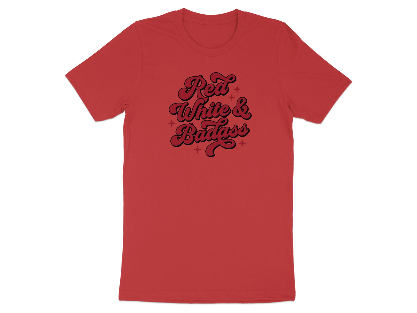 Red t-shirt with "Red White & Badass" text in a retro, bubbly font.