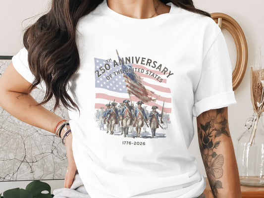T-shirt with 250th Anniversary of the United States 1776-2026 design.