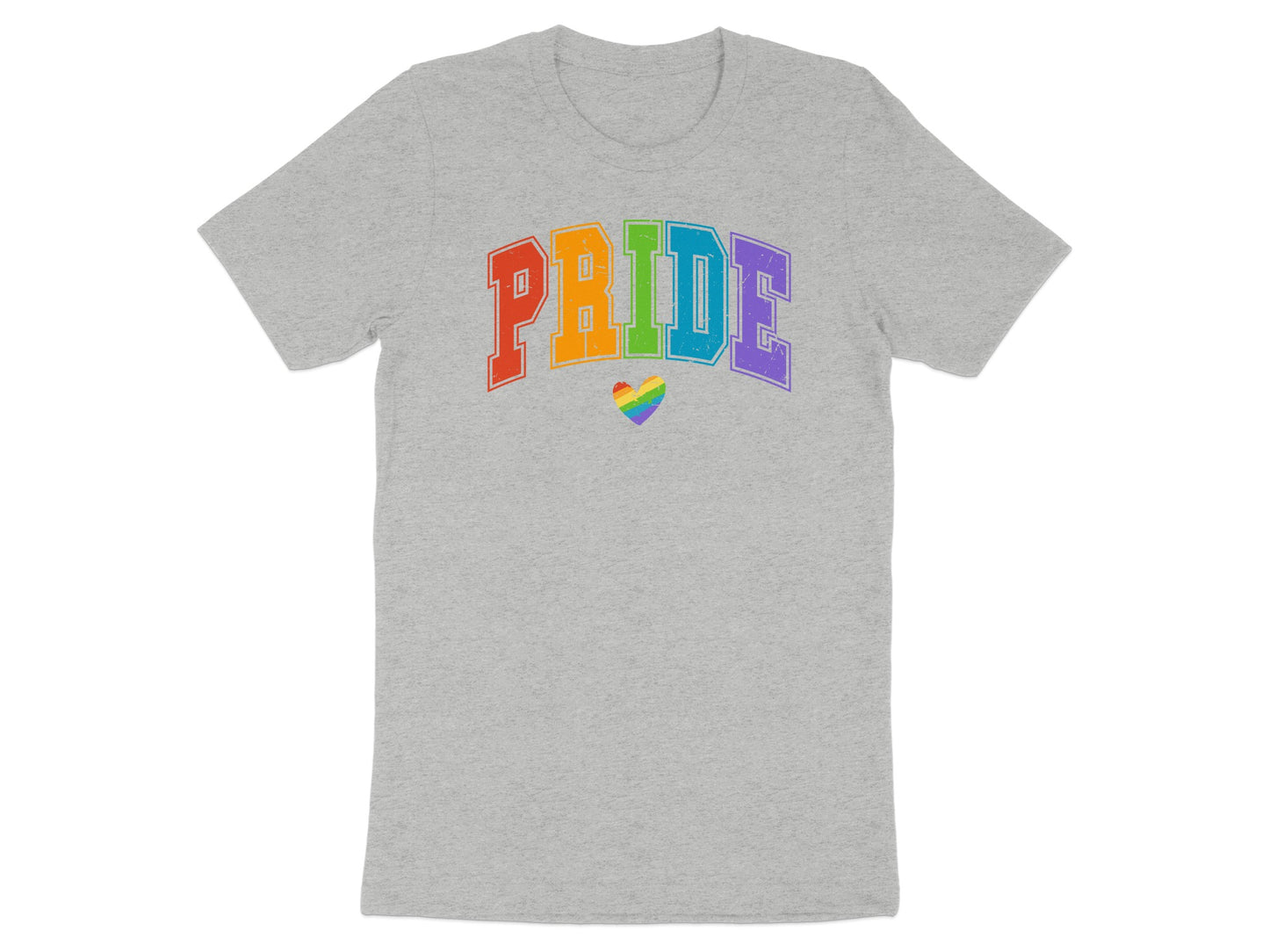 Grey t-shirt with "PRIDE" in rainbow colors and a small rainbow heart.