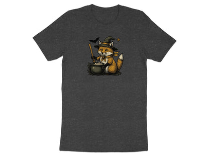 Fox wearing a witch hat stirs a bubbling cauldron with a broom near a bat.