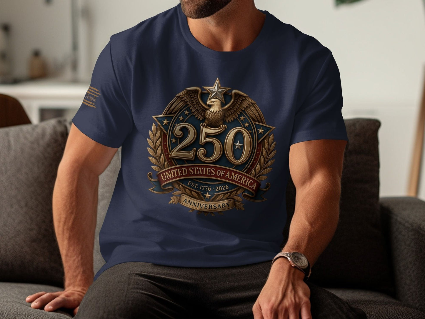 Navy t-shirt with a "250 United States of America Anniversary" emblem.