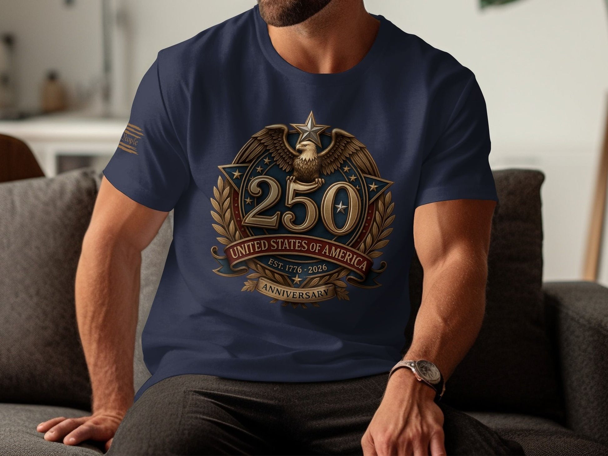 Navy t-shirt with a "250 United States of America Anniversary" emblem.
