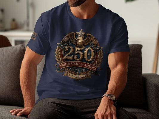 Navy t-shirt with a "250 United States of America Anniversary" emblem.
