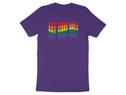 Purple t-shirt with "GAY VIBES ONLY" text in rainbow colors.