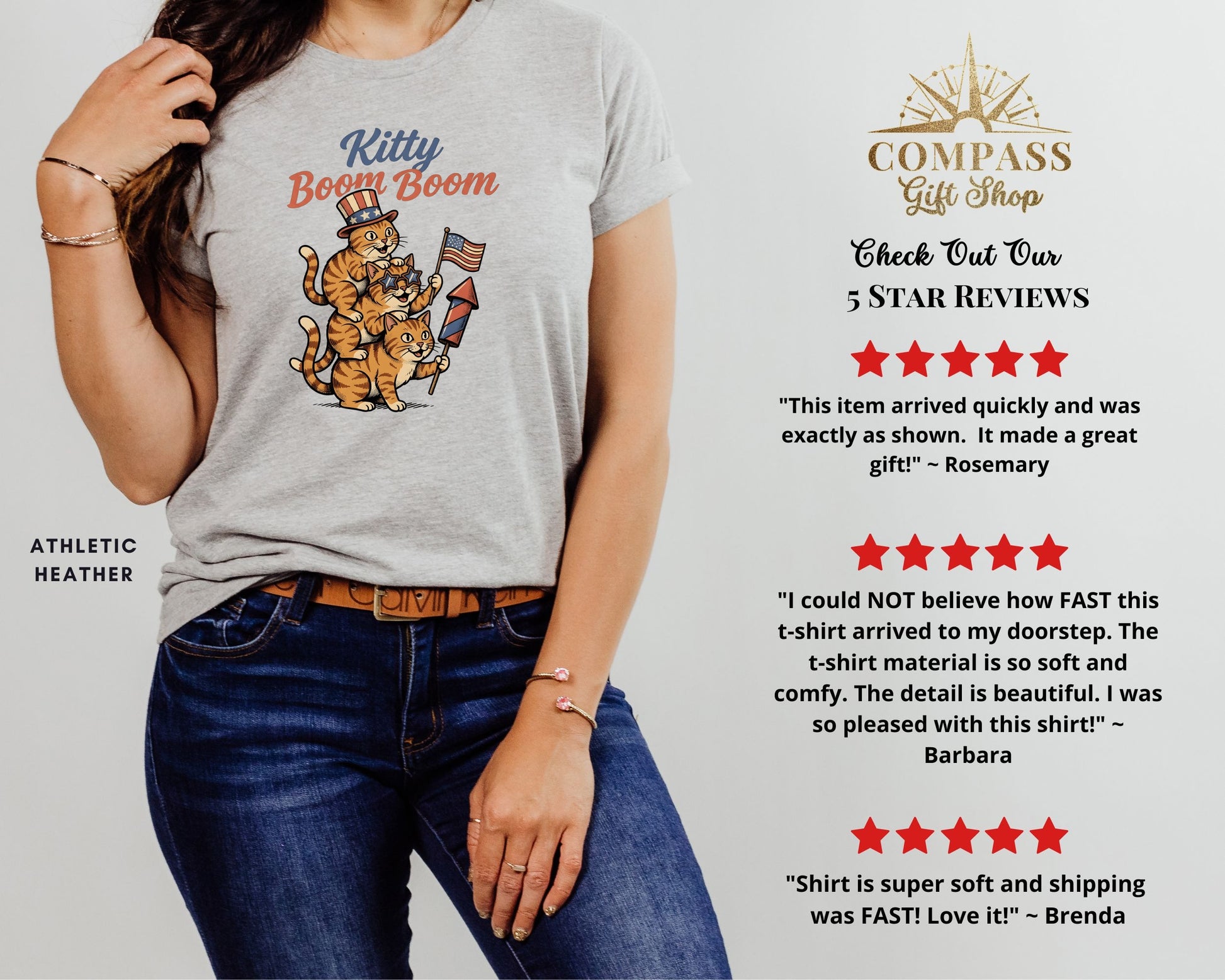 Gray t-shirt with three kittens and fireworks, "Kitty Boom Boom" text.