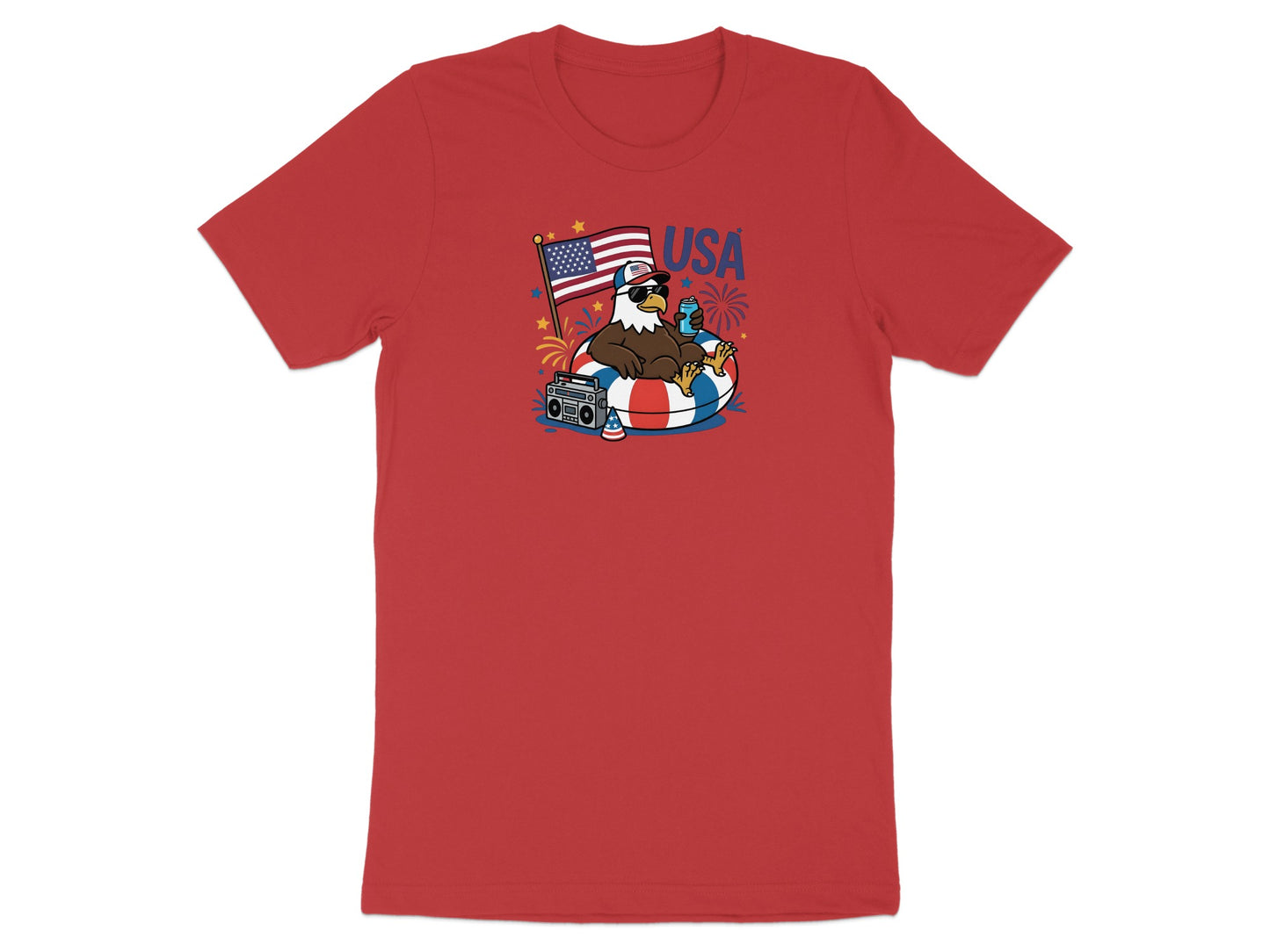 Red t-shirt with patriotic eagle floating in inner tube, holding fireworks.