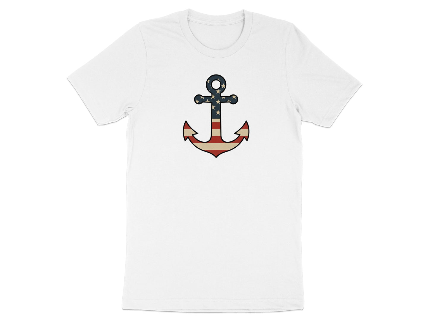 White t-shirt with a vintage American flag anchor graphic.