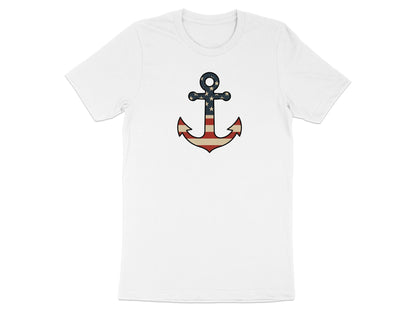 White t-shirt with a vintage American flag anchor graphic.