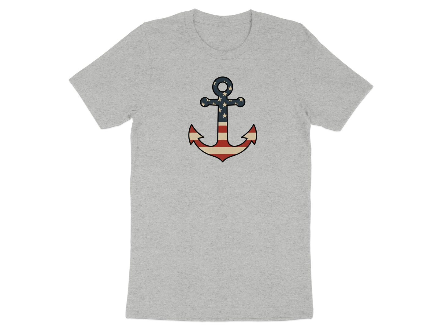 Gray t-shirt with an anchor graphic featuring the American flag design.