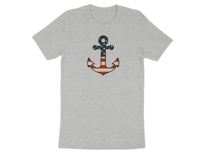 Gray t-shirt with an anchor graphic featuring the American flag design.