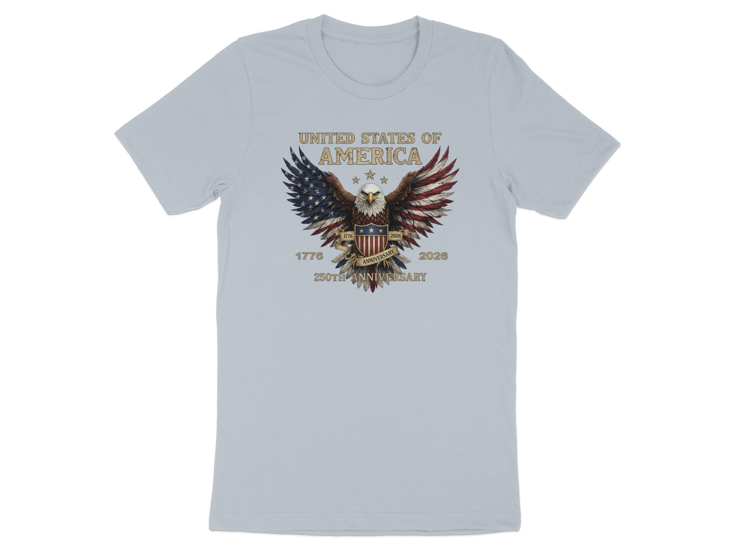 T-shirt with United States of America 250th Anniversary eagle graphic.