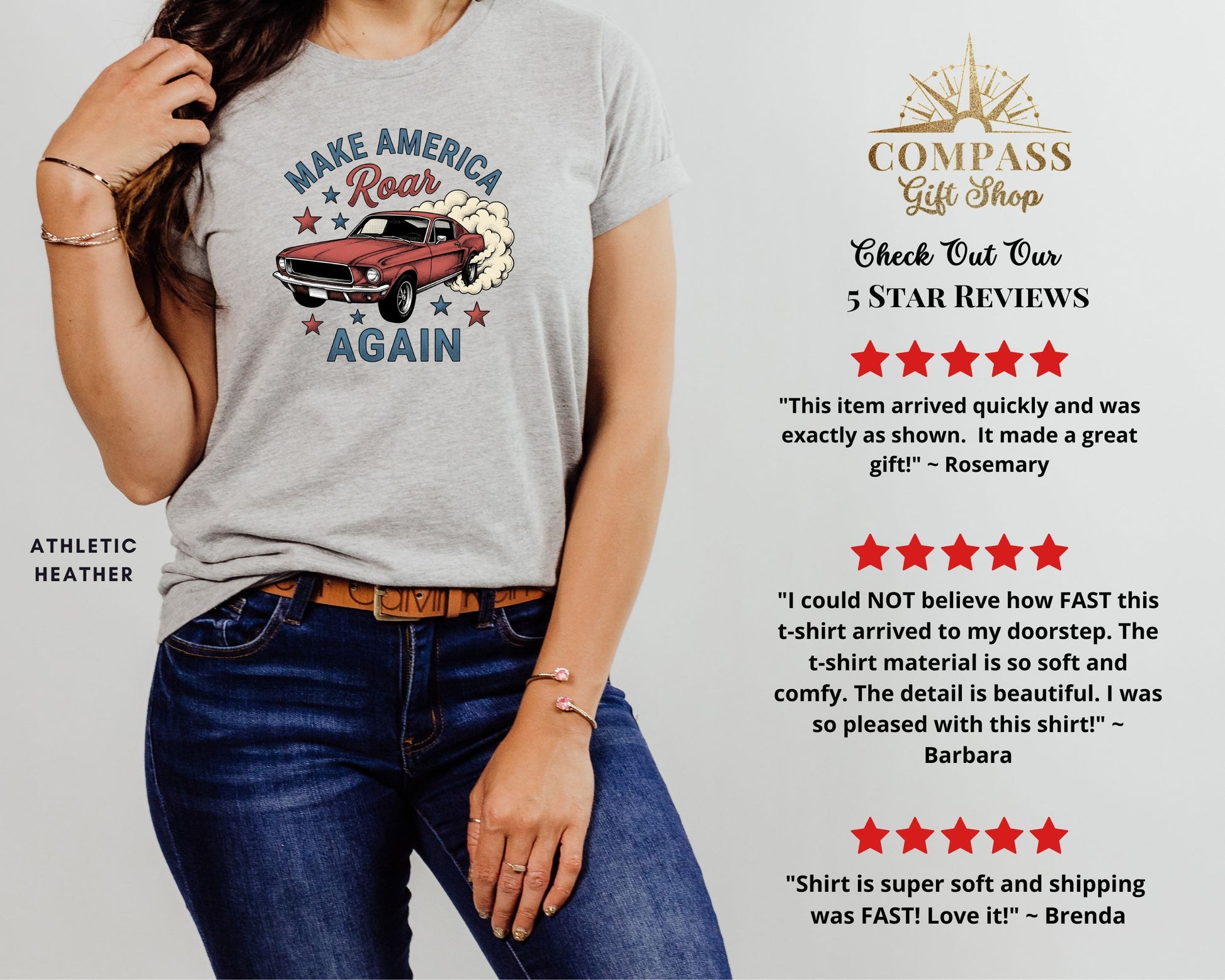 Graphic tee with "Make America Roar Again" text and car illustration.