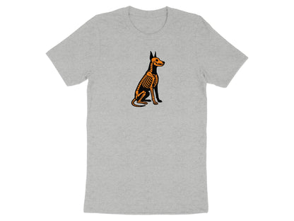 Grey t-shirt with black and orange skeleton dog graphic.