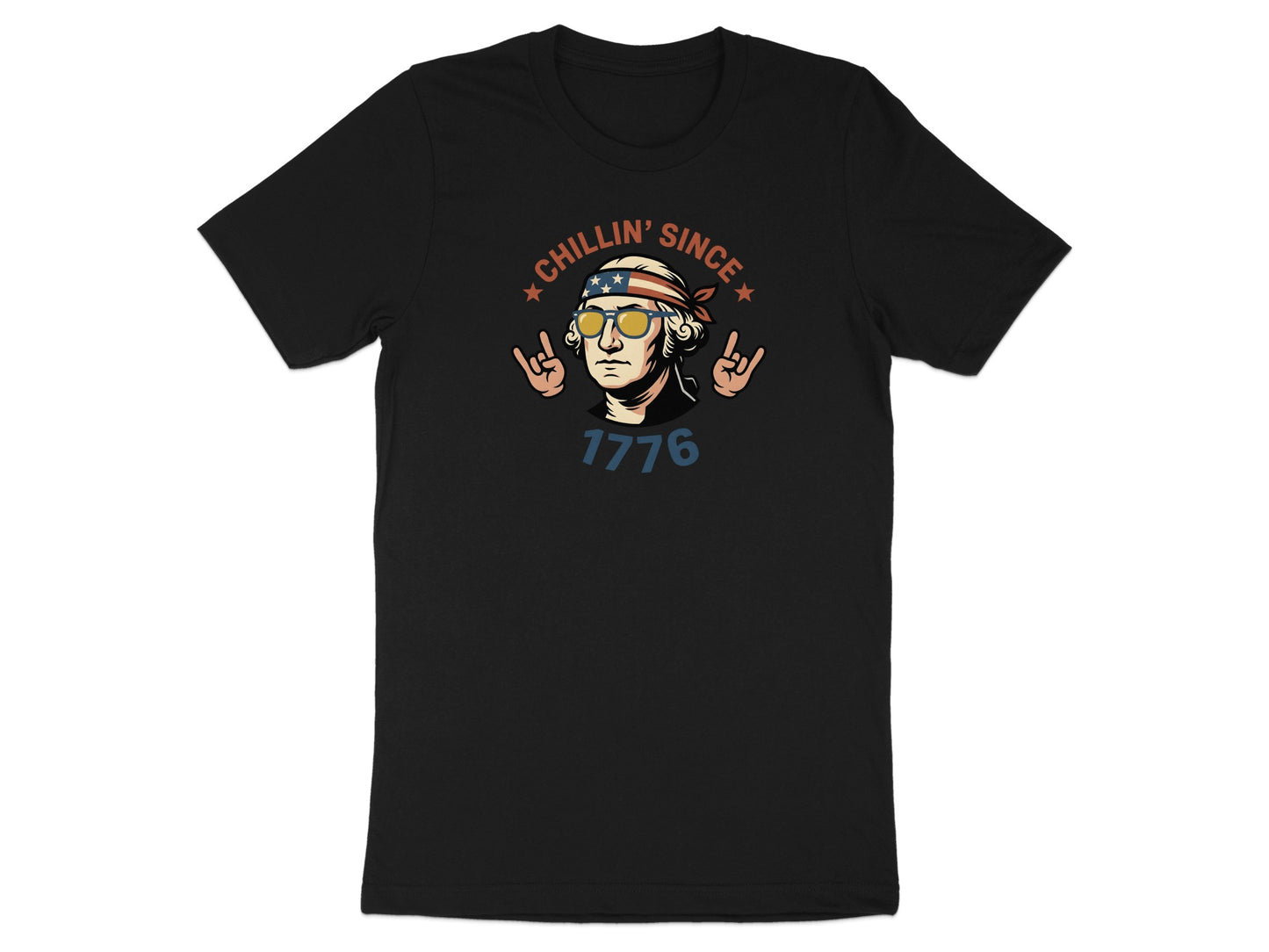 Black t-shirt with George Washington graphic, "Chillin' Since 1776" text.