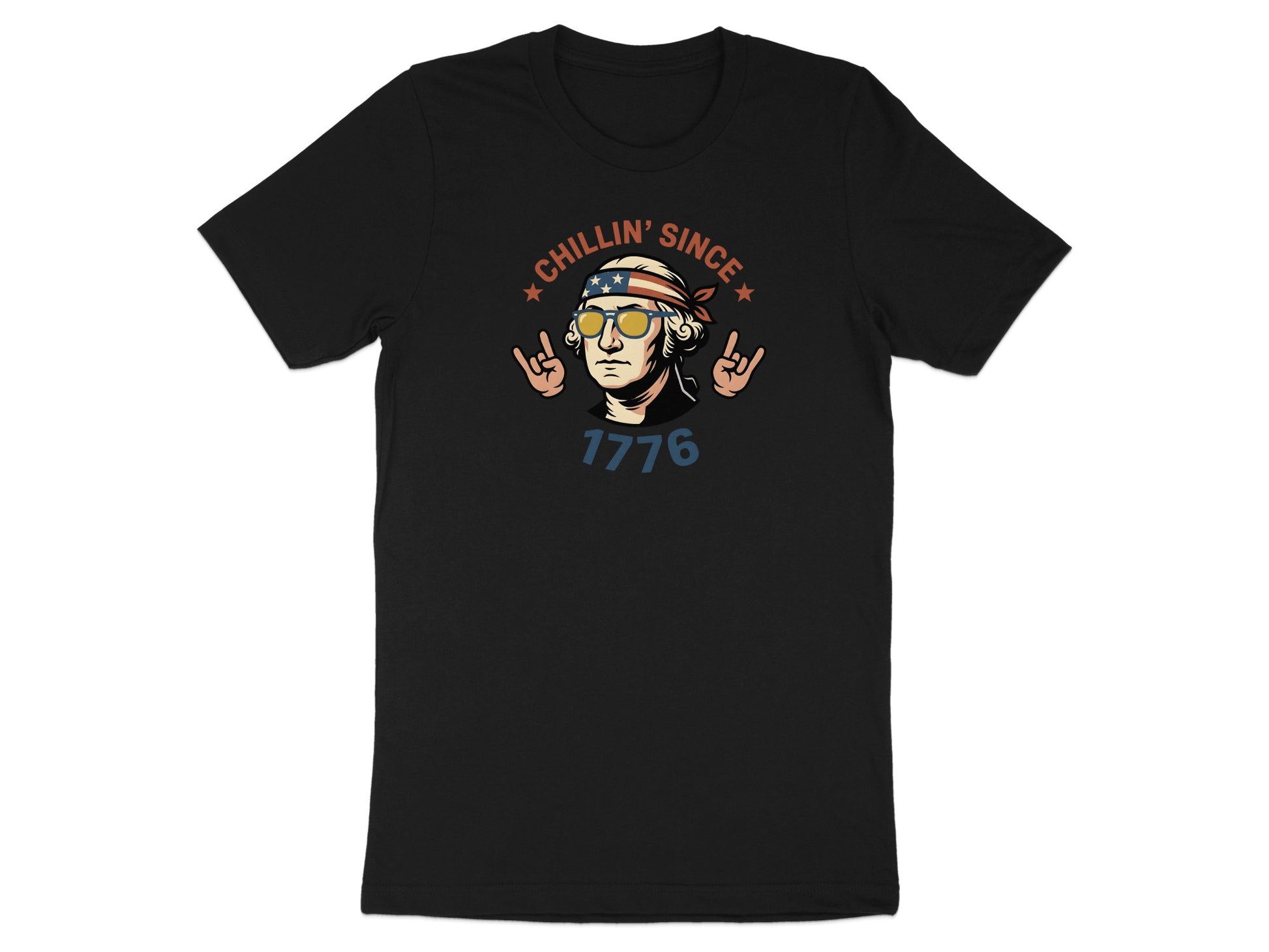 Black t-shirt with George Washington graphic, "Chillin' Since 1776" text.