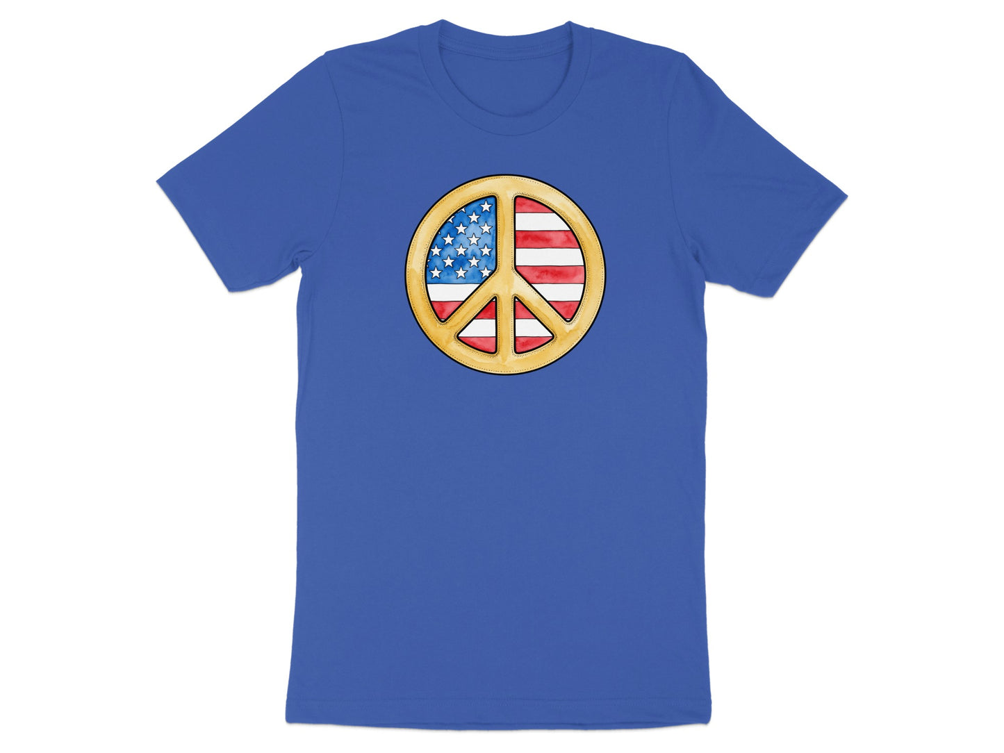 Blue t-shirt with a golden peace sign filled with the American flag design.