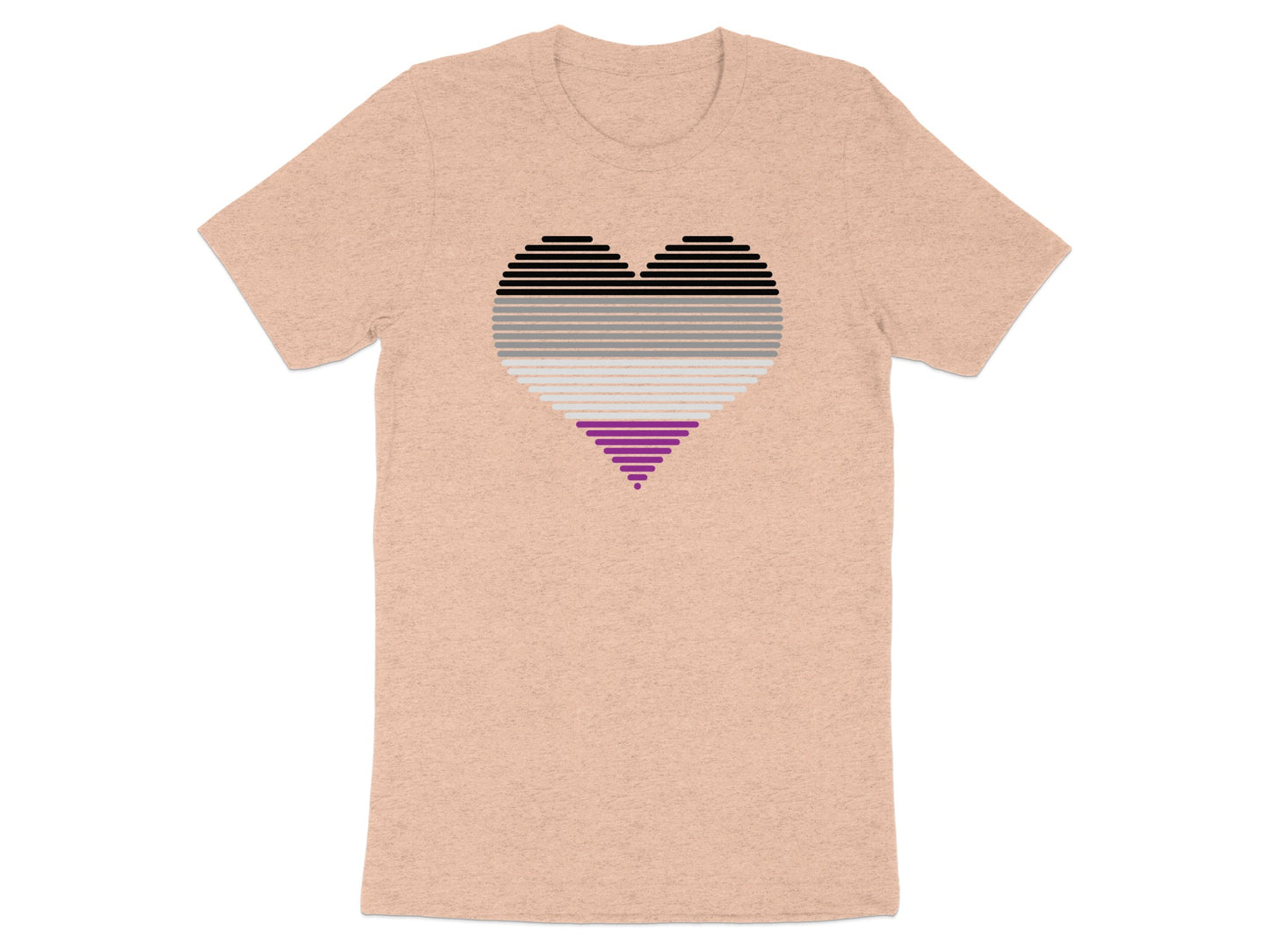 Asexual pride heart graphic on a peach t-shirt.