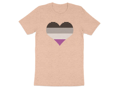 Asexual pride heart graphic on a peach t-shirt.