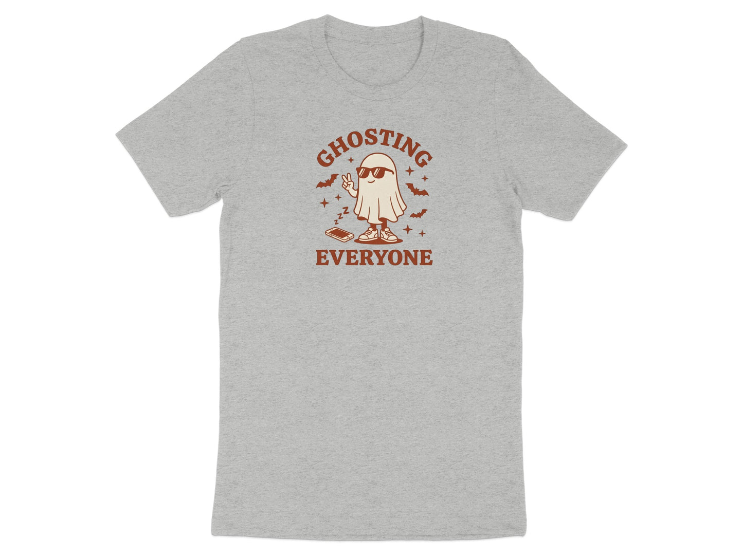 Grey t-shirt with a ghost graphic and the text "GHOSTING EVERYONE".