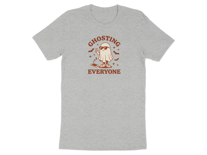 Grey t-shirt with a ghost graphic and the text "GHOSTING EVERYONE".