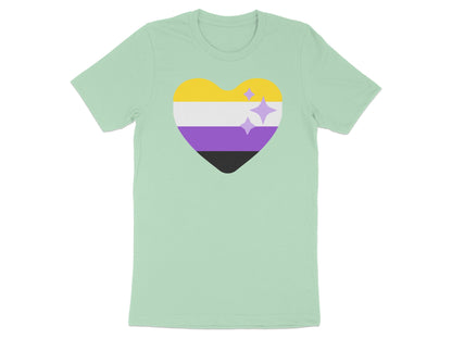 Light mint green t-shirt with a non-binary pride flag heart graphic and sparkles.