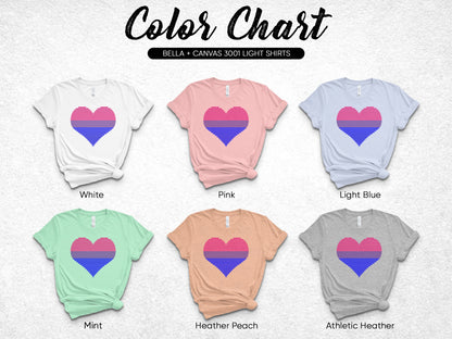 Color chart of Bella+Canvas 3001 light shirts in six colors.