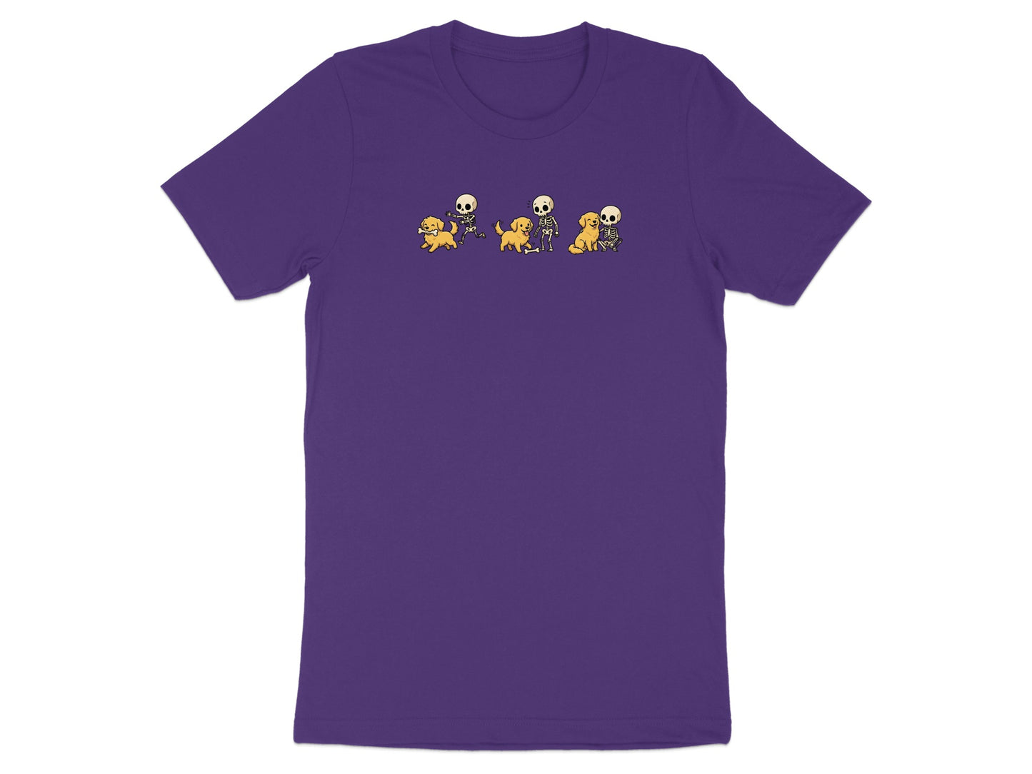 Cartoon skeletons interact with golden retrievers on a purple t-shirt.