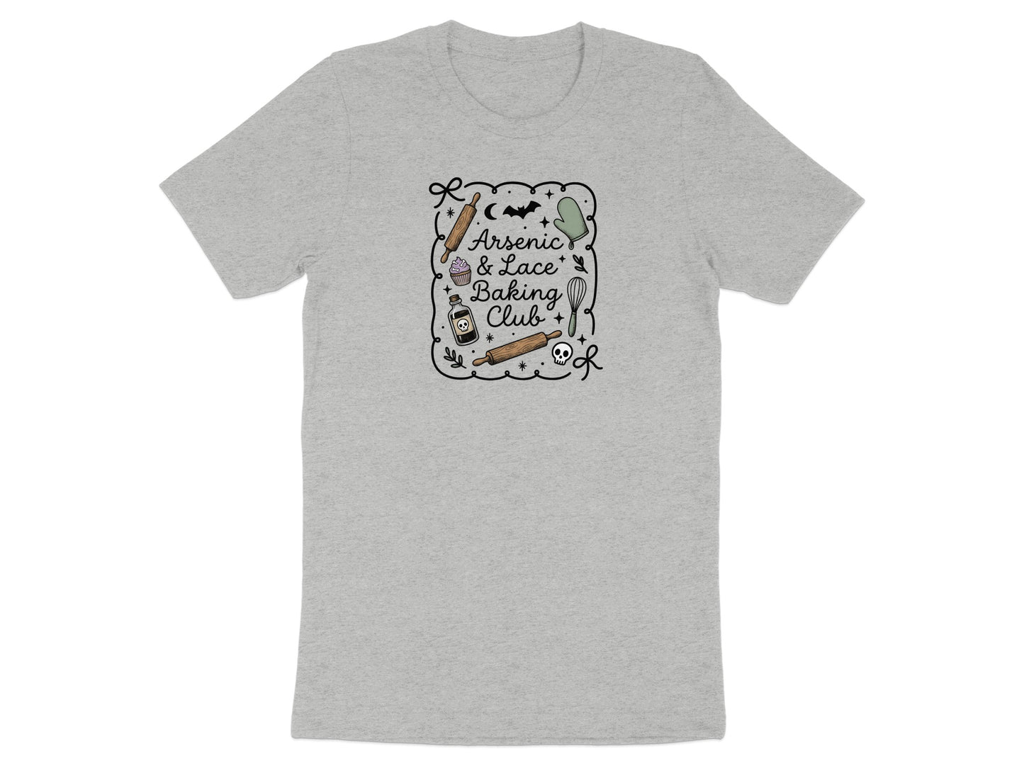 Grey t-shirt with a black outline graphic of baking items and text "Arsenic & Lace Baking Club".