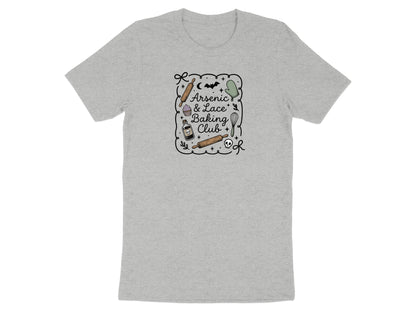 Grey t-shirt with a black outline graphic of baking items and text "Arsenic & Lace Baking Club".