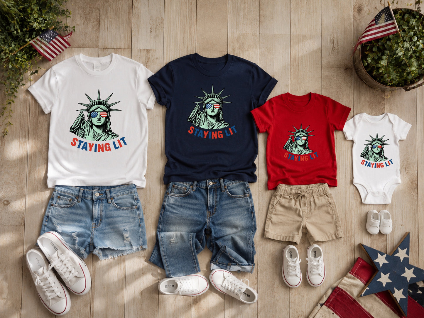 Four t-shirts and four pairs of shorts with American flag and Statue of Liberty graphics.