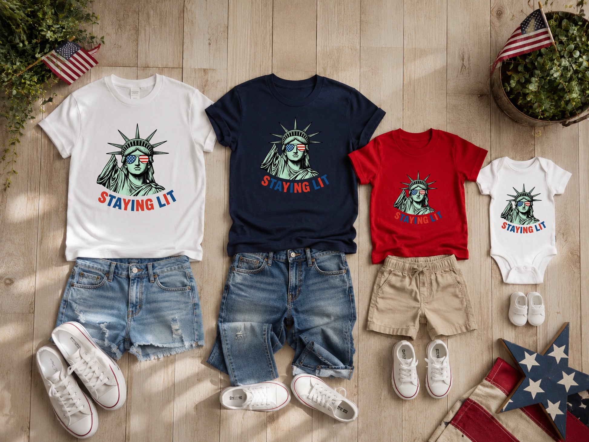 Four t-shirts and four pairs of shorts with American flag and Statue of Liberty graphics.