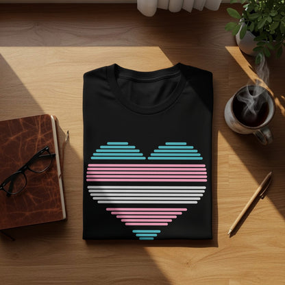 Black t-shirt with a horizontally striped transgender pride heart graphic.