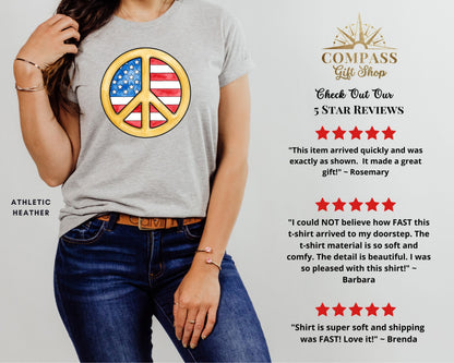 Gray t-shirt with American flag peace sign graphic.
