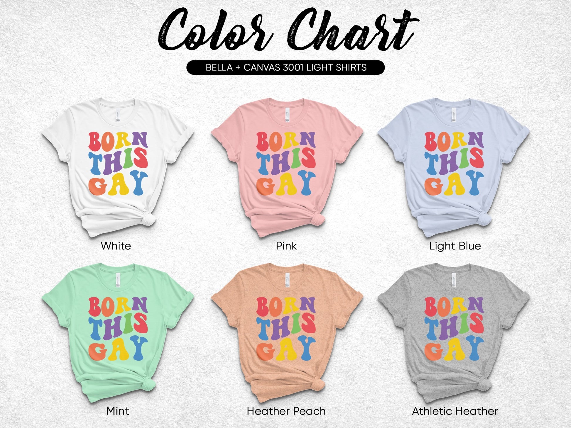 Color chart of Bella + Canvas 3001 light shirts in six colors.