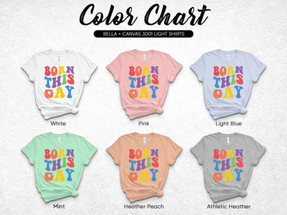 Color chart of Bella + Canvas 3001 light shirts in six colors.