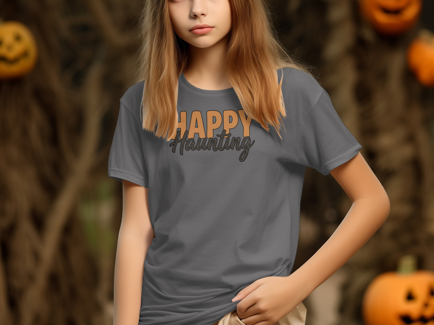 Girl wearing a gray t-shirt with "Happy Haunting" text and a Halloween background.